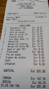 4 personas, con cóctel y 1 botella de vino para 3 personas, a 57,75 €. por persona.